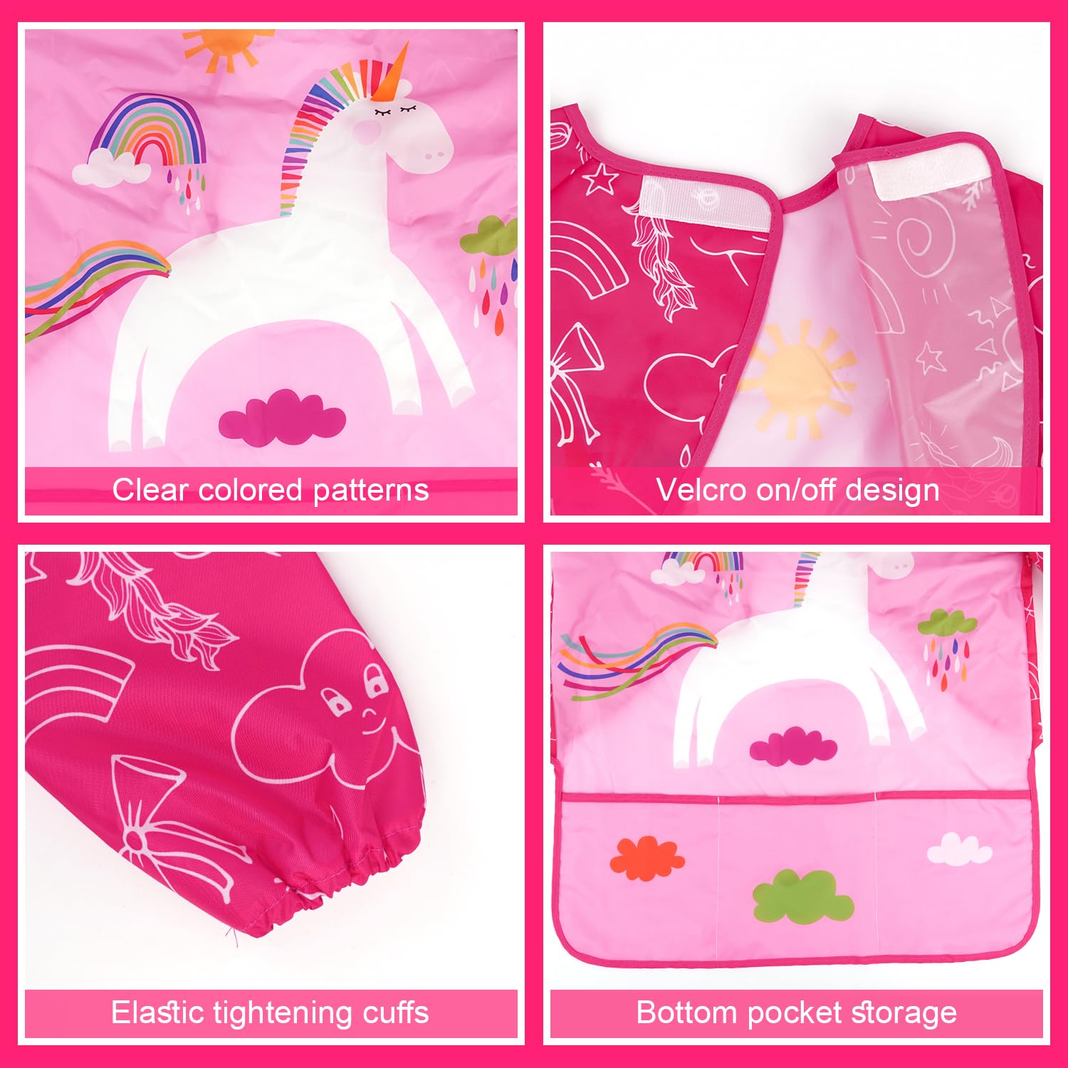 Tablier Peinture Enfant 3-8 ans Licorne Dinosaures Manchon 3 Poches Longueur 58cm