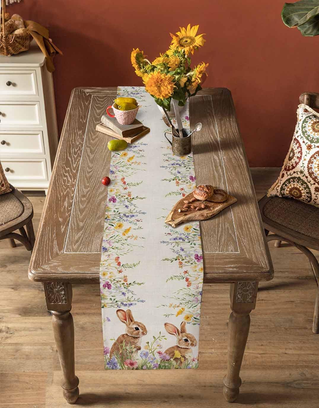Easter Table Runner Dresser Scarf 13 x 60 Inch Cute Bunny Rabbits Wildflowers Floral Leaves Table Runners Non-Slip Heat Resistant Kitchen Dining Table Decor for Seasonal Spring Holidays Indoor Outdoor