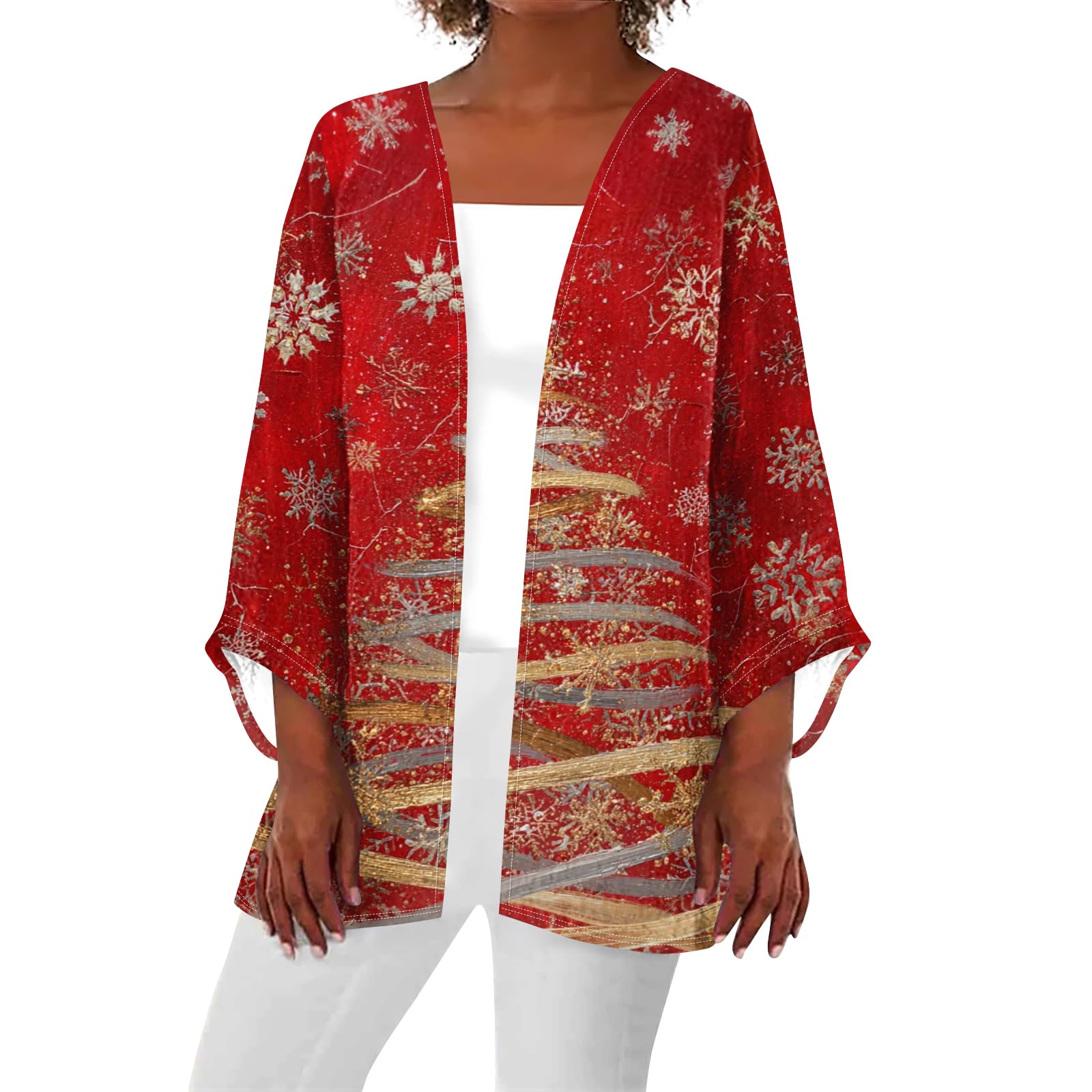 Christmas Cardigans for Women Open Front Christmas Printed Santa Jacket Women Long Sleeve Comfortable Santa Coat