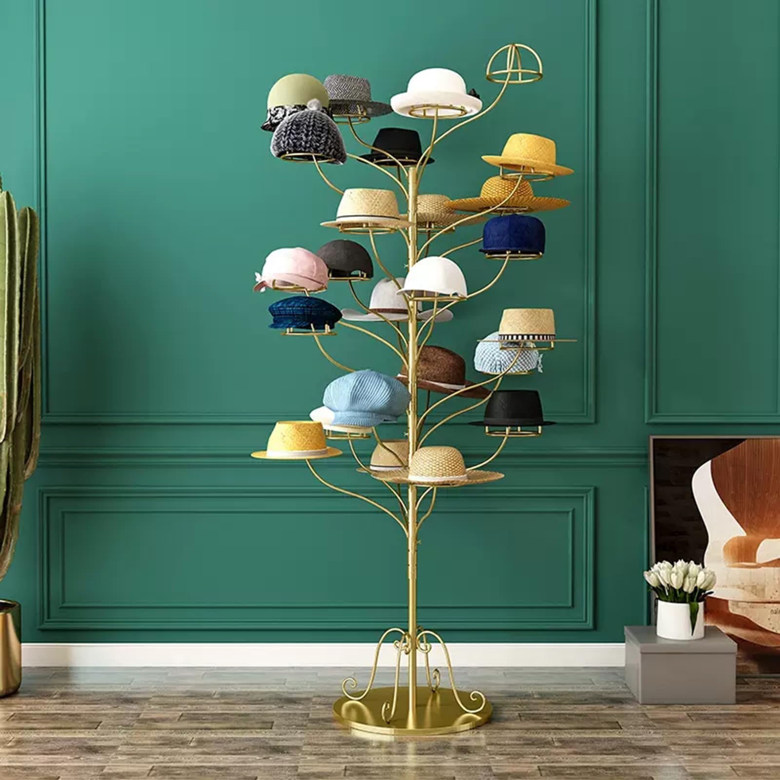 YNBSHGAA Freestanding Metal Hat Display Stand - Commercial Rack for Baseball Caps, Stylish nizer for Home & Stores, Perfect for Hat Collection & Retail Use,Gold-Child Capacity 30