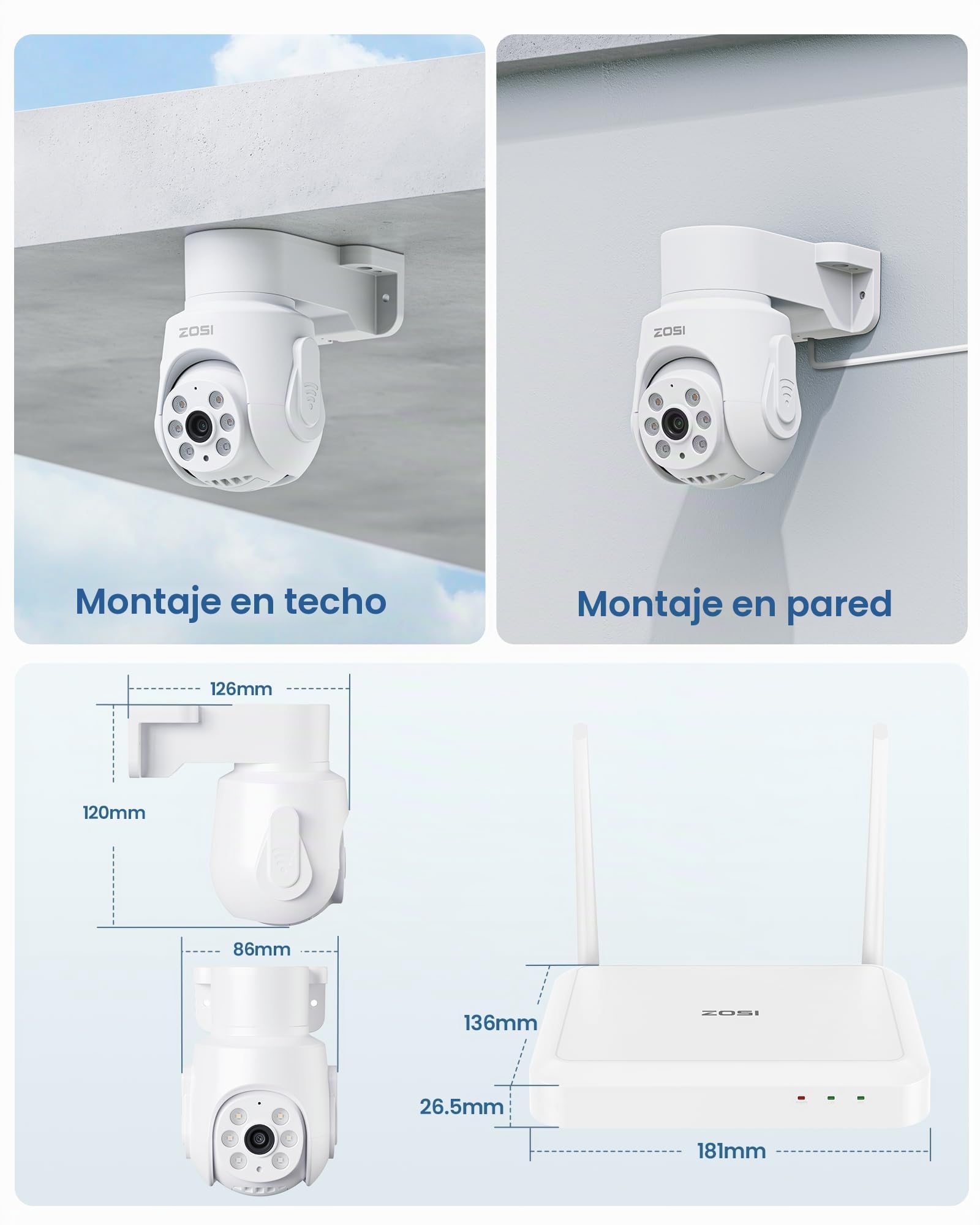 ZOSI 5MP Kit Cámaras de Vigilancia Exterior WiFi6, 8CH 3K Grabador NVR Inalámbrico con 64GB Tarjeta de Memoria y 2X Cámara Seguridad 360° Pan y Tilt, Detección y Seguimiento de Persona, Audio