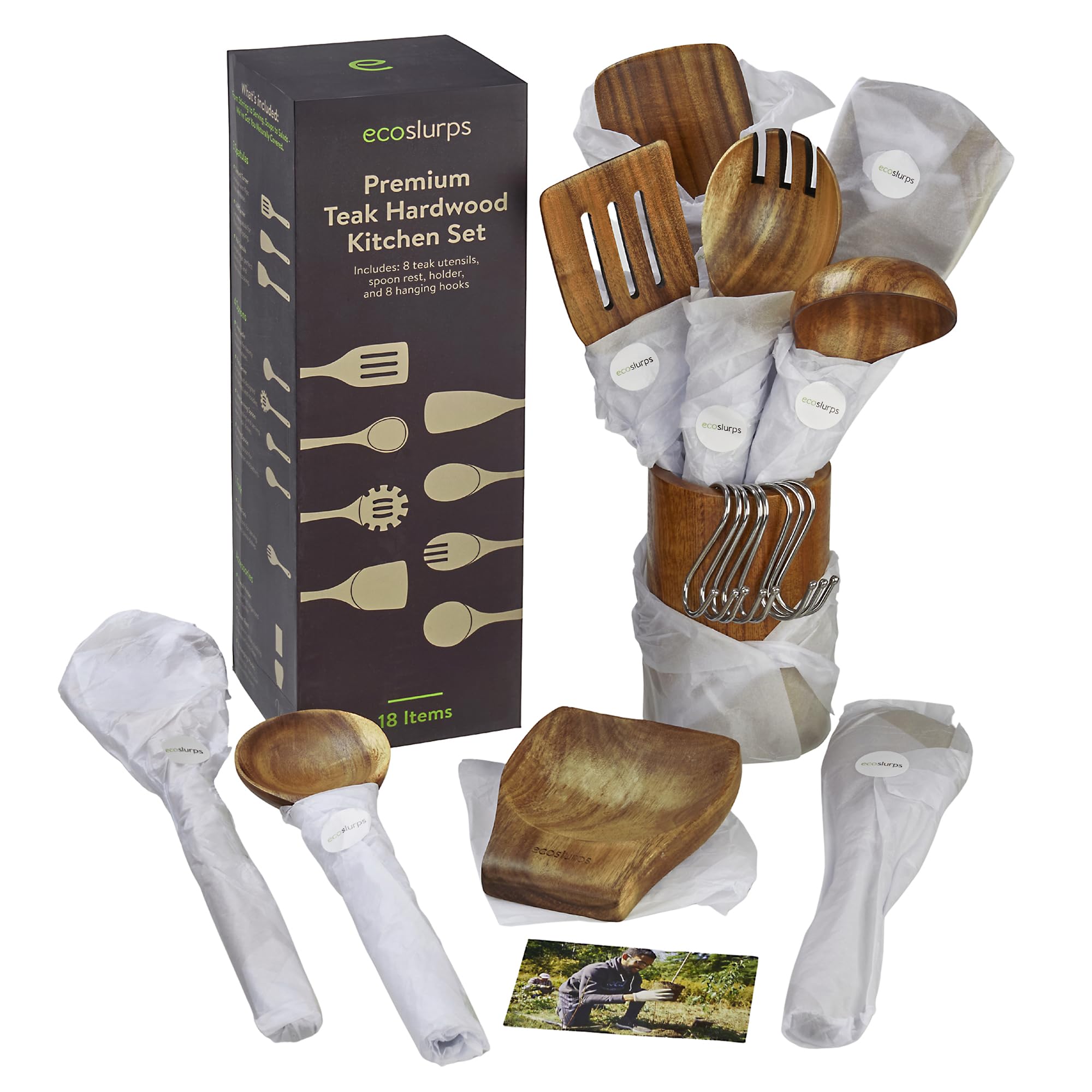 EcoSlurps Premium Teakholz Küchenhelfer Set - 8 Kochutensilien aus Holz, Löffelablage und Aufbewahrungshalter, 8 Haken zum Aufhängen, insgesamt 18-teiliges Luxus-Geschenkset (18)