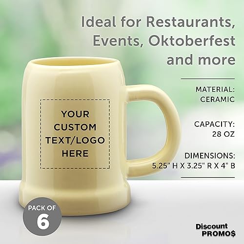 Miniatura 4 de Taza de cerámica personalizada de 28 onzas, juego de 6, paquete personalizado a granel, ideal para Octoberfest, pub, restaurante y más, color beige