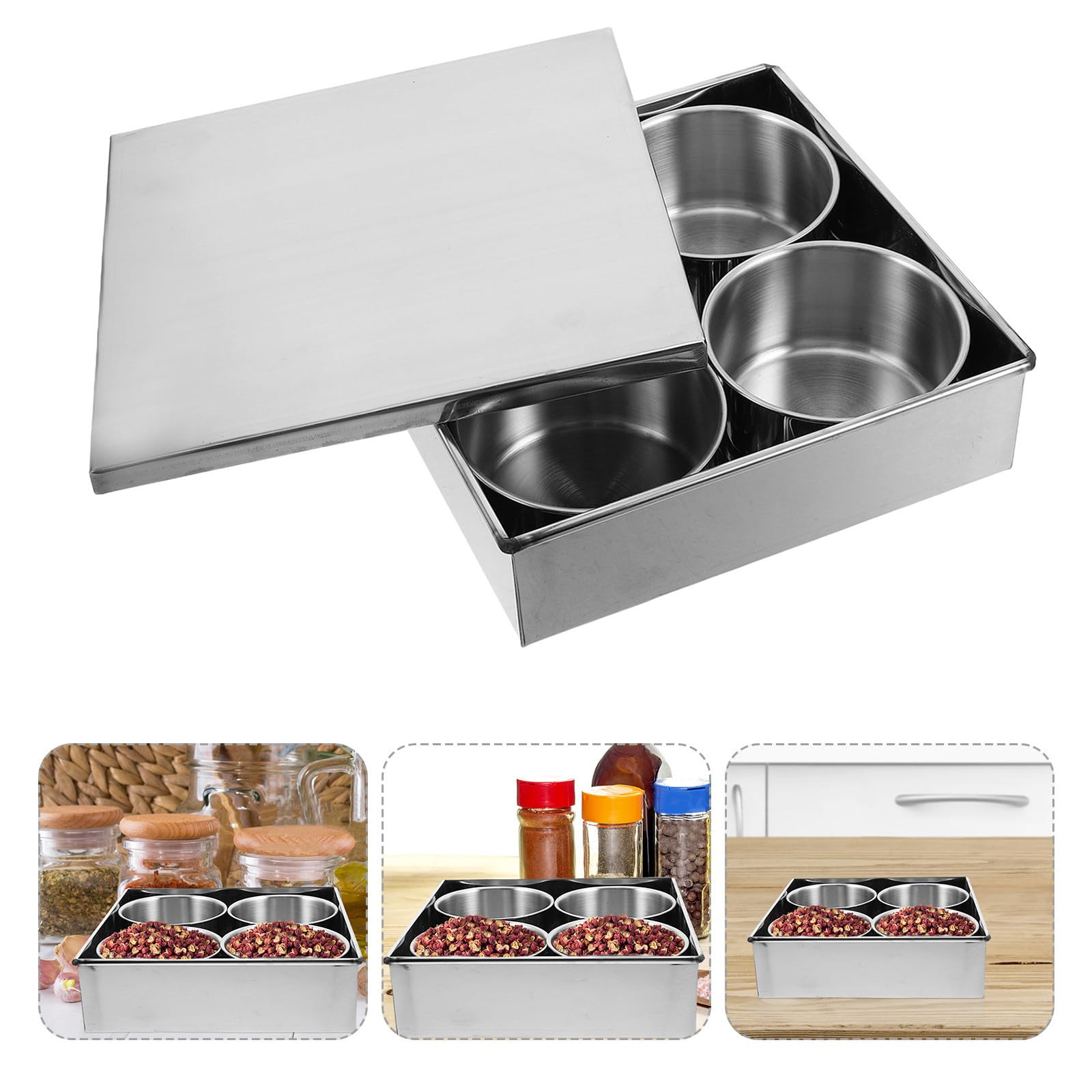 Operitacx Edelstahl Gewürzbehälter mit Vier Fächern Japanischer Küchengewürzhalter Langlebige Haushaltsbox für Soßen und Gewürze Minimalistisches Design für Zuhause und Restaurant