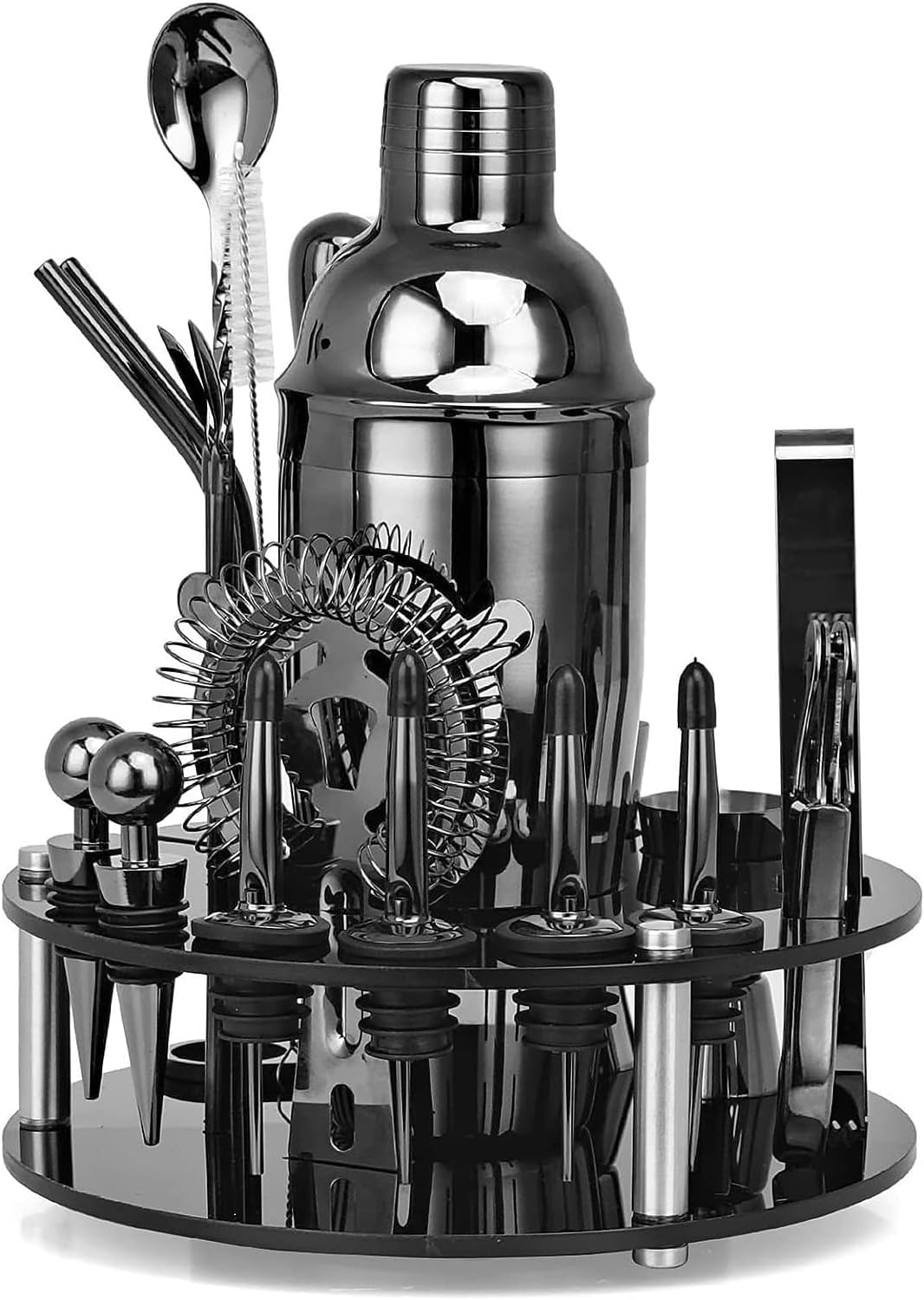 SOYON Cocktail Shaker Bartender Kit with Stand - 20 Piece Bar Tools Cocktail Kit Premium Bartender Kit with Fun Bar Set - Stainless Steel + Shakers (Color : Black)