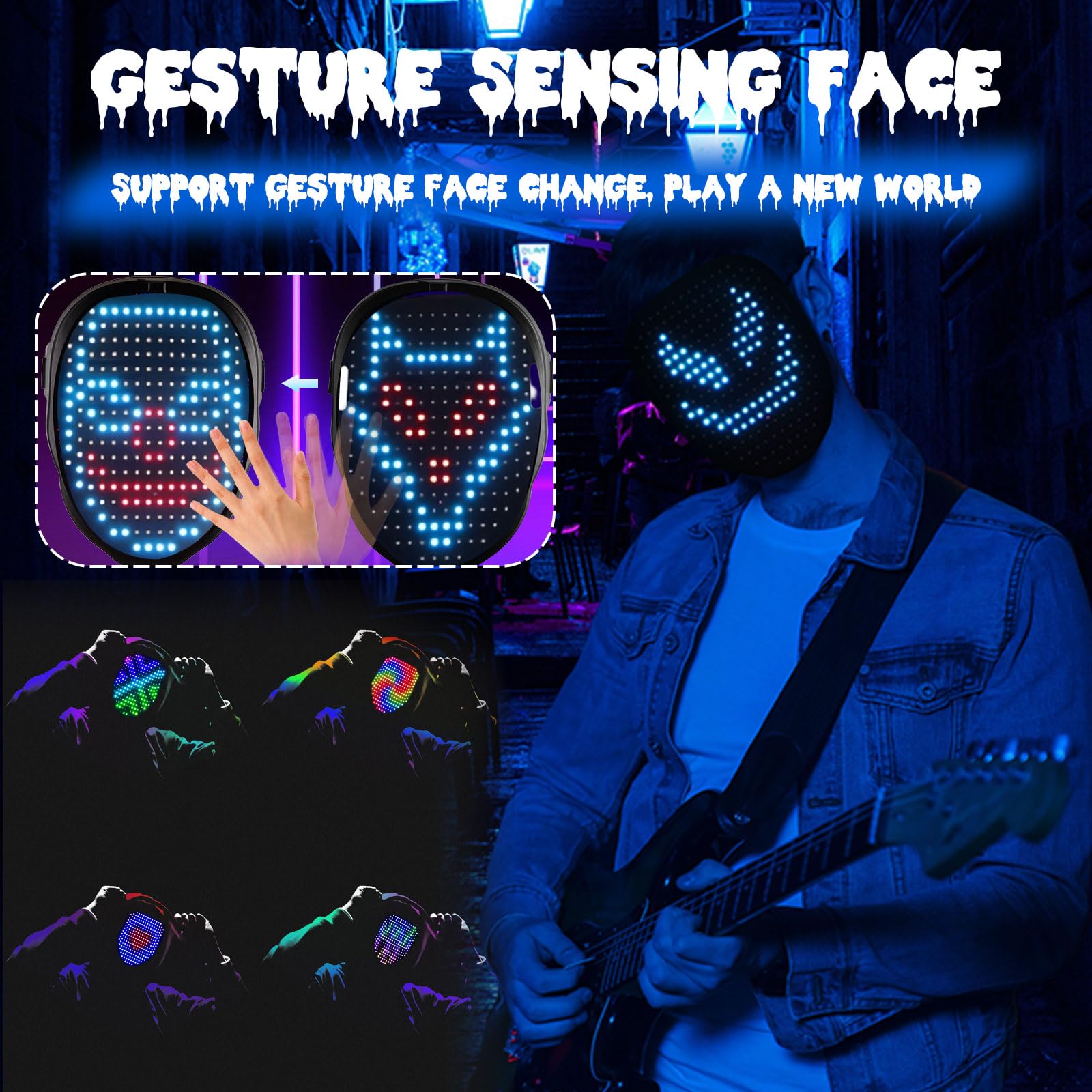 Maschera di Halloween a led, maschera luminosa con 25 modelli statici + 25 dinamici con rilevamento dei gesti Maschera spaventosa per Halloween, Cosplay, Masquerade