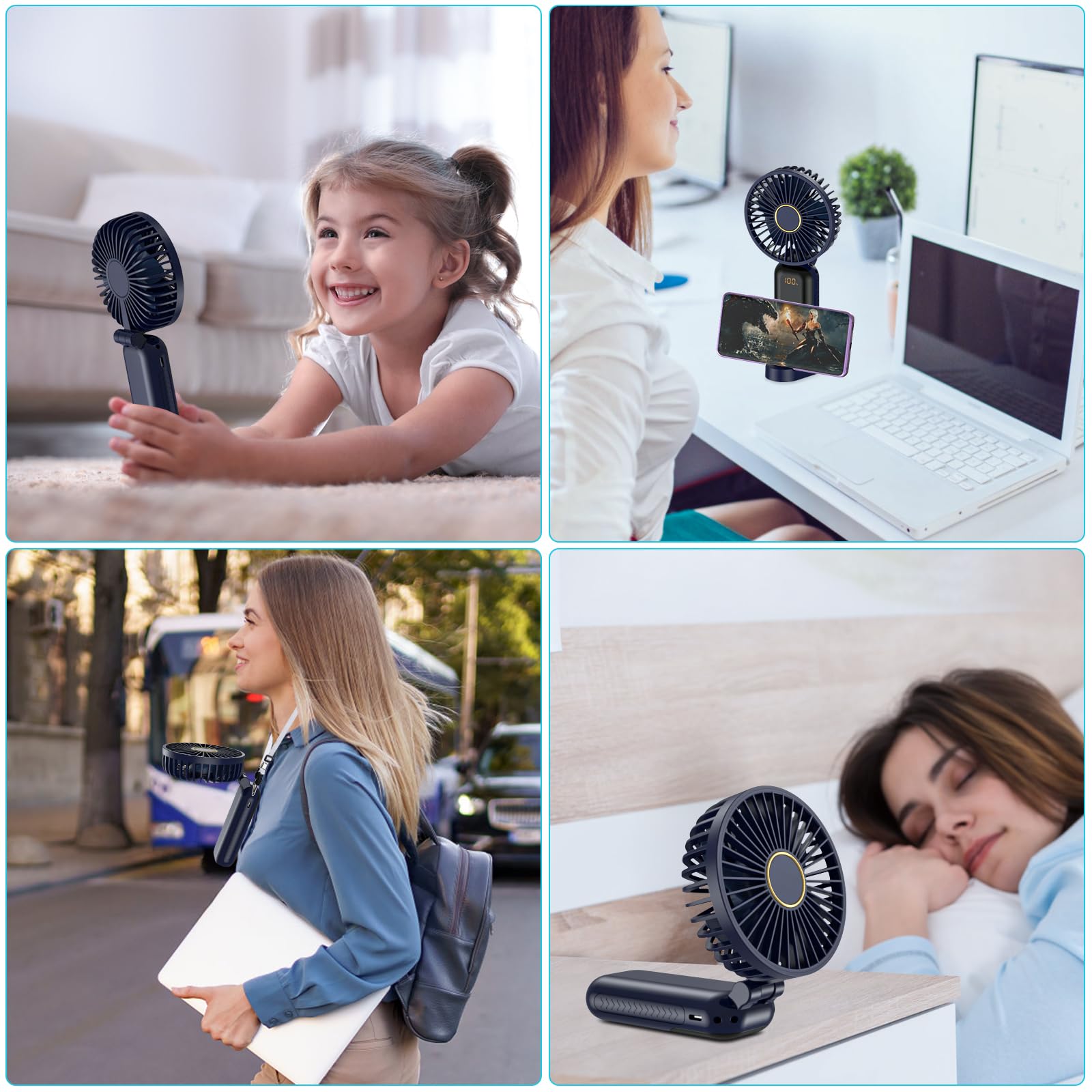 GIACOMO Mini Ventilatore Portatile,Ventilatore Portatile USB Ricaricabile，Ventilatore a Mano con 5 Livelli di Velocità, Batteria da 5000 mAh, Ventilatore Pieghevole per Ufficio, All'aperto（Blu）