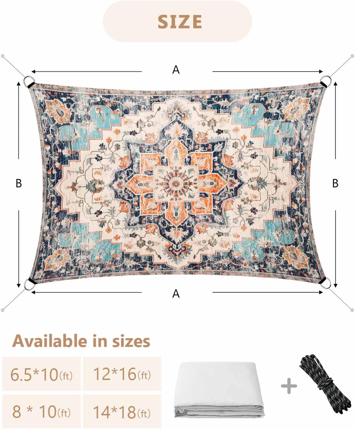 Sun Shade Sails 12' x 16' Boho Oriental Medallion Retro Distressed Bohemian Rectangle Waterproof Shade Canopy Sun Blocking Outdoor Sunshades for Patio Garden Backyard