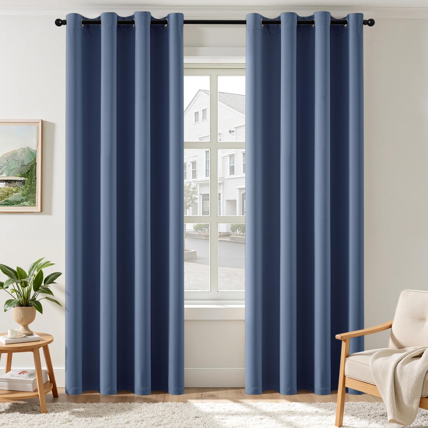 Zasłony EMEMA w kolorze niebieskim, nieprzezroczyste, z oczkami, zasłony do salonu i sypialni, nieprzezroczyste zasłony z oczkami, każda o wymiarach 225 x 140 cm