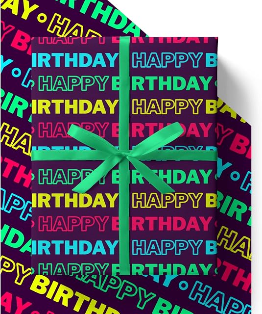 EcoWrap Neon Wrapping Paper with Birthday Card and Tags - Eco Friendly Premium Recyclable 84cm x 60cm Gift Wrap in Plastic Free Packaging (4 Sheets & 4 Tags)