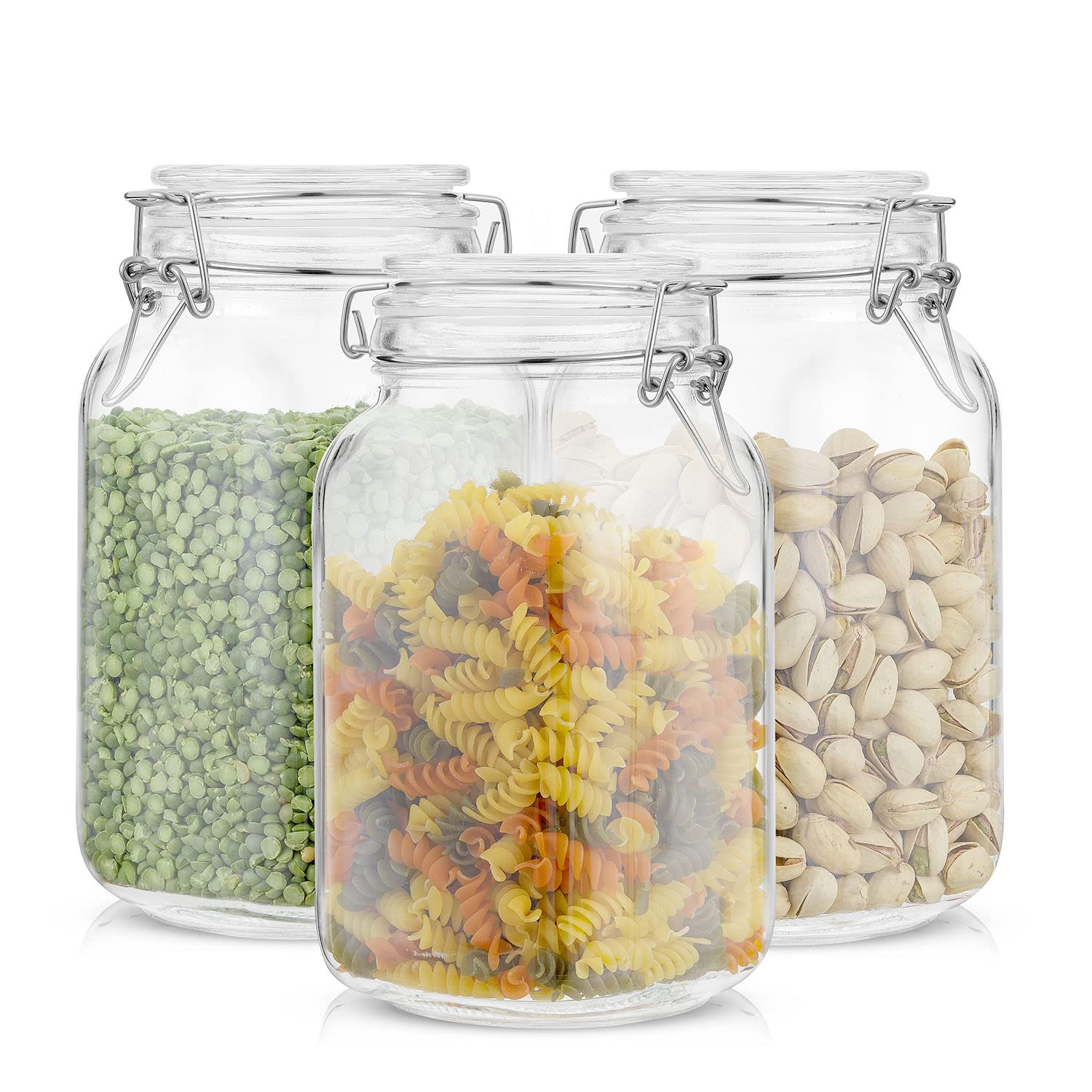 Set di 3 barattoli ermetici in vetro con coperchio, 1,5 l, con coperchio e 6 guarnizioni in silicone, contenitori per alimenti in vetro Med, barattolo quadrato, barattolo per farina, caramelle o