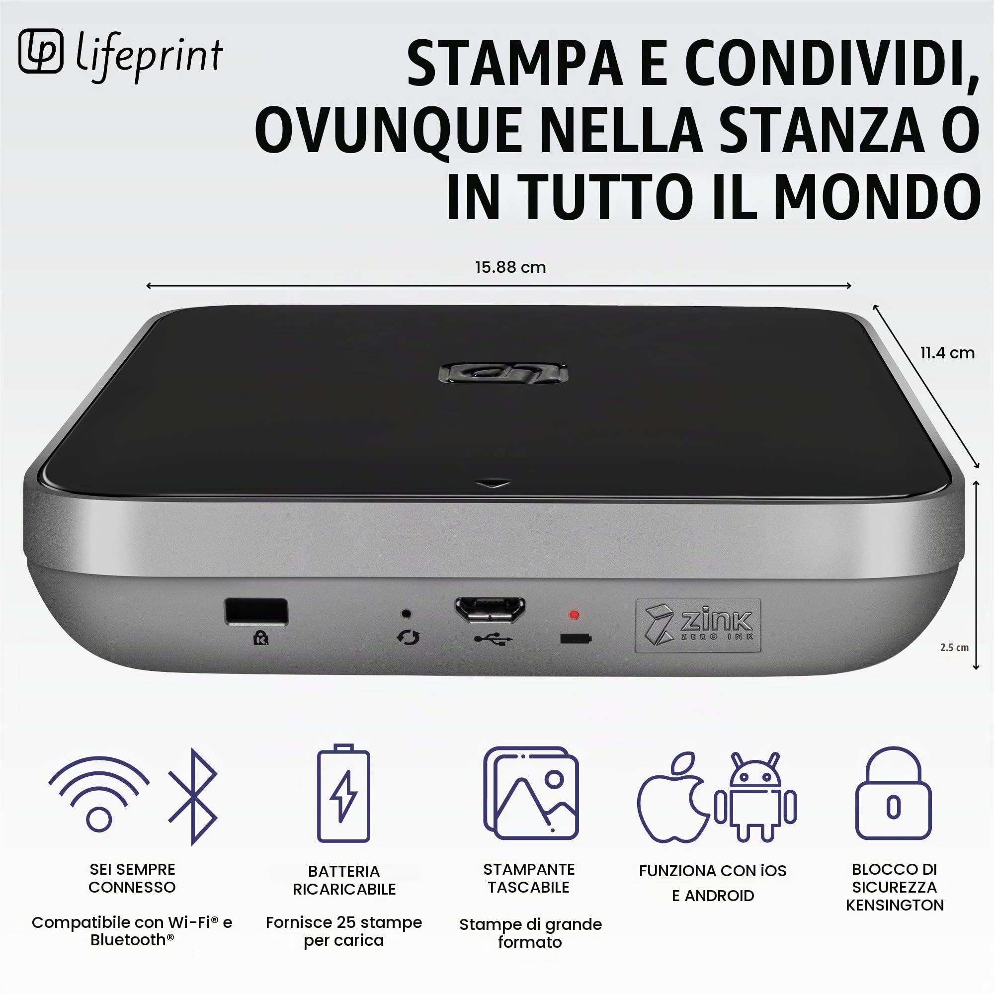 Lifeprint 3x4.5 stampante portatile per foto e video per dispositivi iOS e Android. Dai vita alle tue foto con la realtà aumentata - Nera