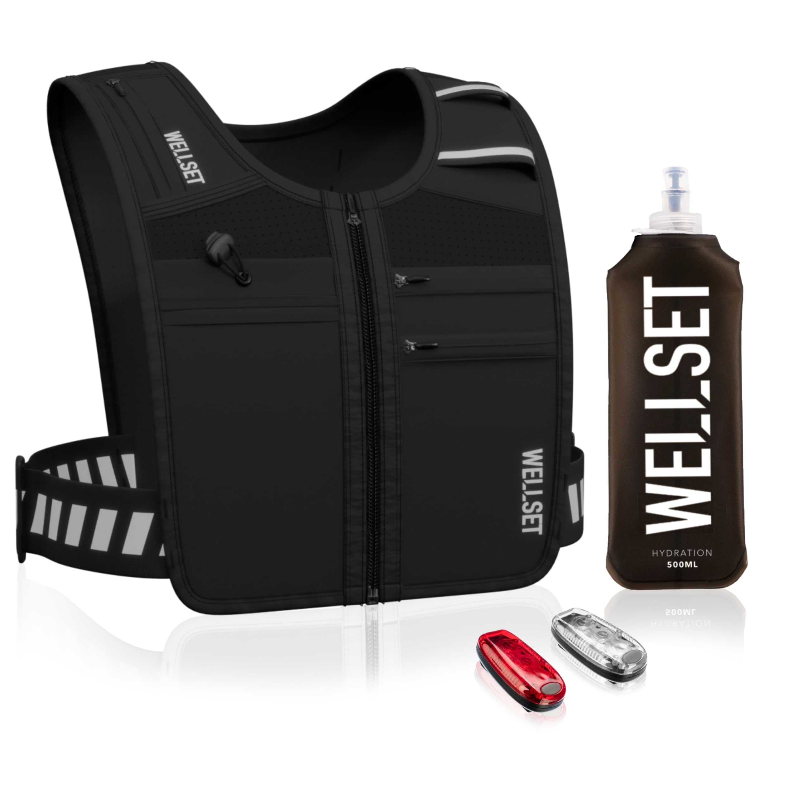 WELLSET Running Vest | Reflective Unisex Adjustable System | Phone Holder, Pockets & Storage | Lightweight and Durable Hydration Vest | Included 500ML Collapsible Running Bottle