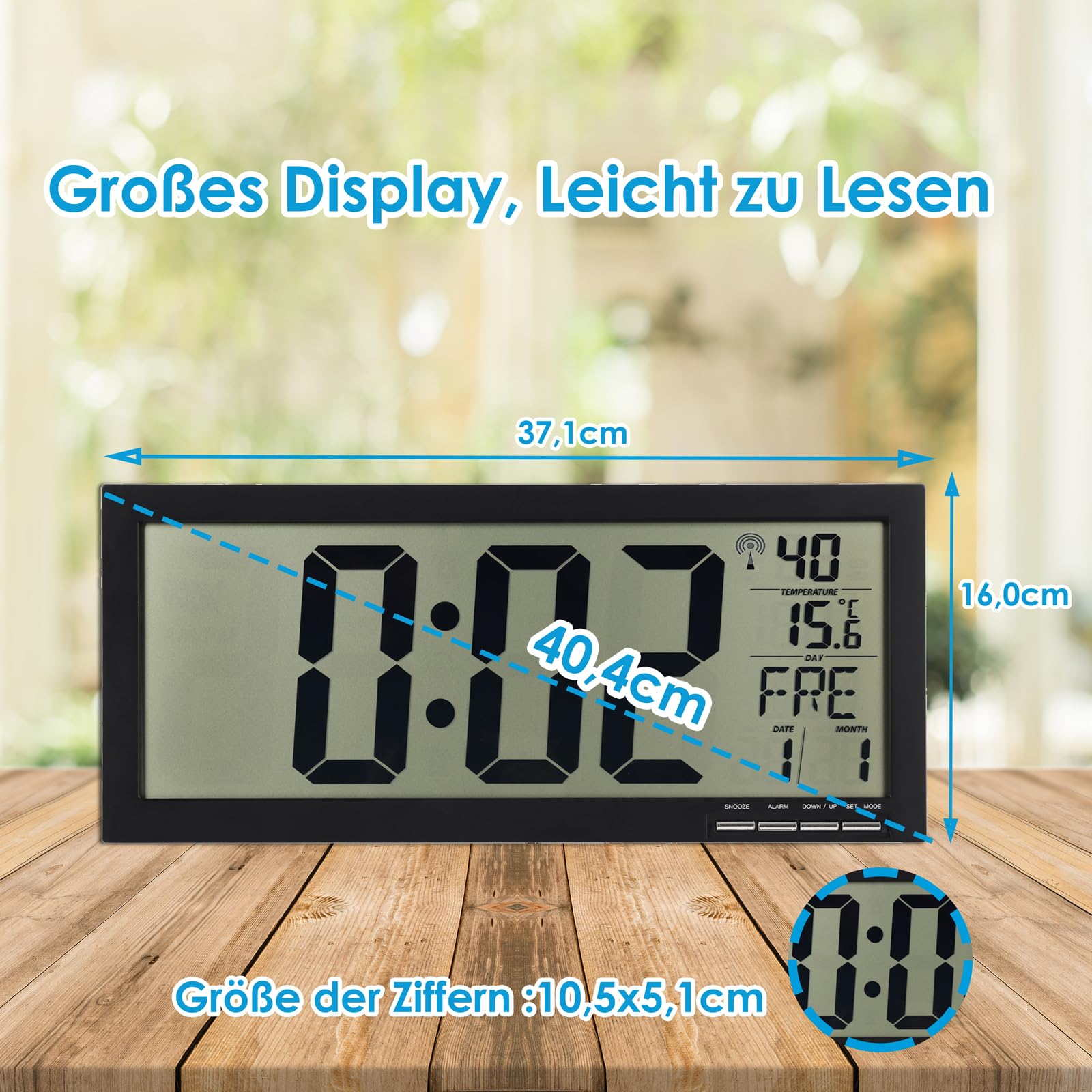 Crosstime Grande orologio da parete digitale per anziani – orologio radio con data, giorno della settimana e temperatura, facile da leggere, nero, 37 x 16 cm