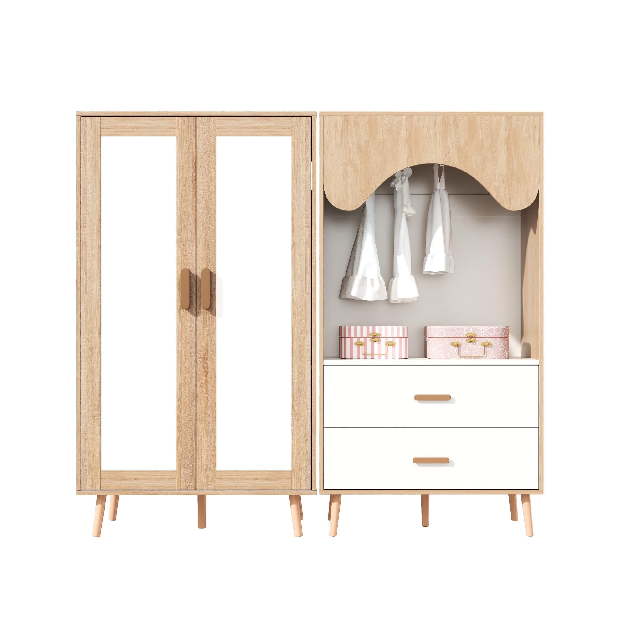 Armario infantil, juego con armario de dos puertas y abierto, para dormitorio, con barra para colgar y cajones, en color blanco y madera, 160 x 46 x 141,5 cm, Natural+Blanco