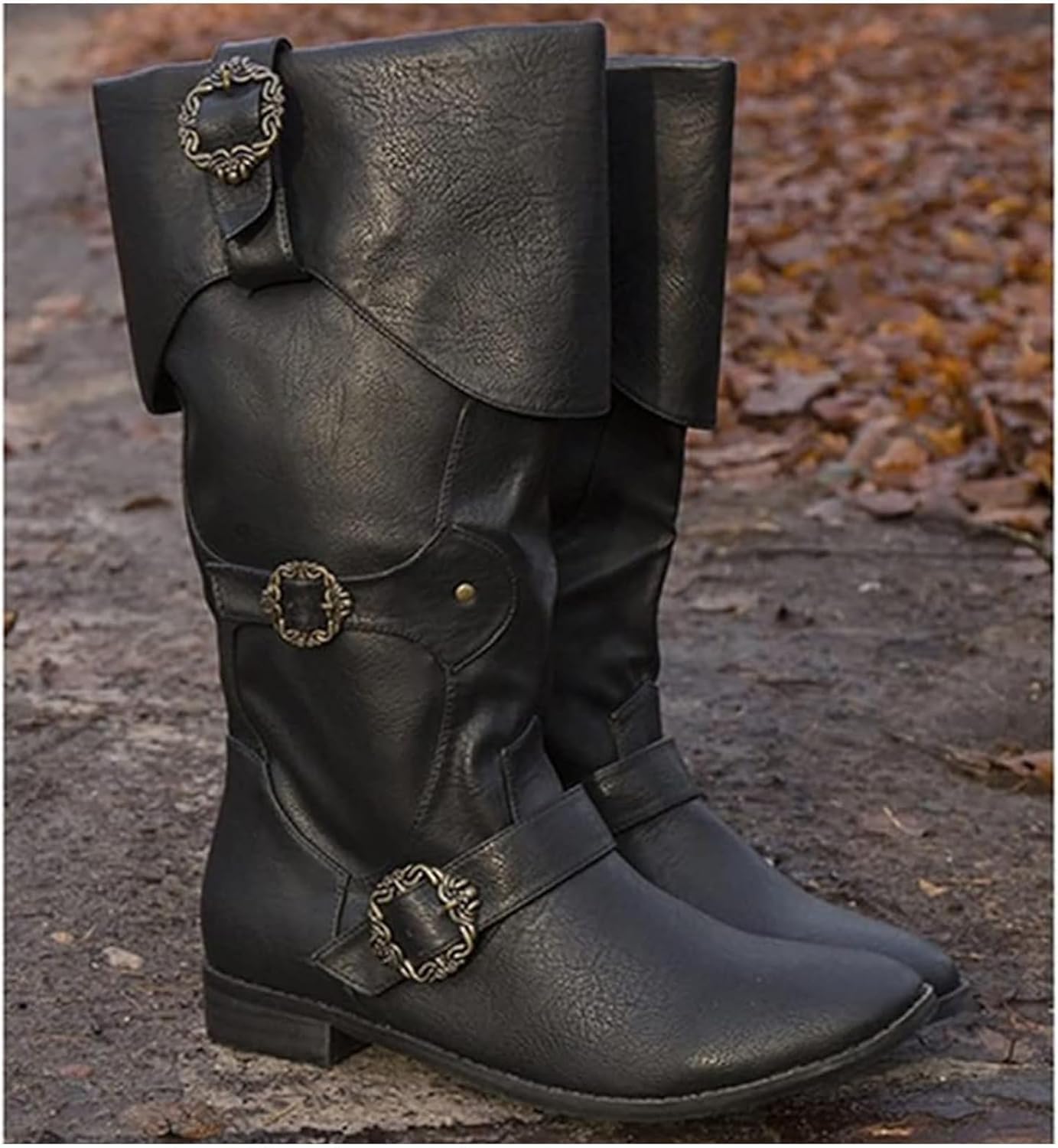 Mittelalterliche Ritterstiefel für Erwachsene Cosplay - Retro Langschaft Leder Manschettenschuhe - PU Leder Stiefel Renaissance Plus Size Stiefel Schuhe mit Gürtelschnalle,Schwarz,45