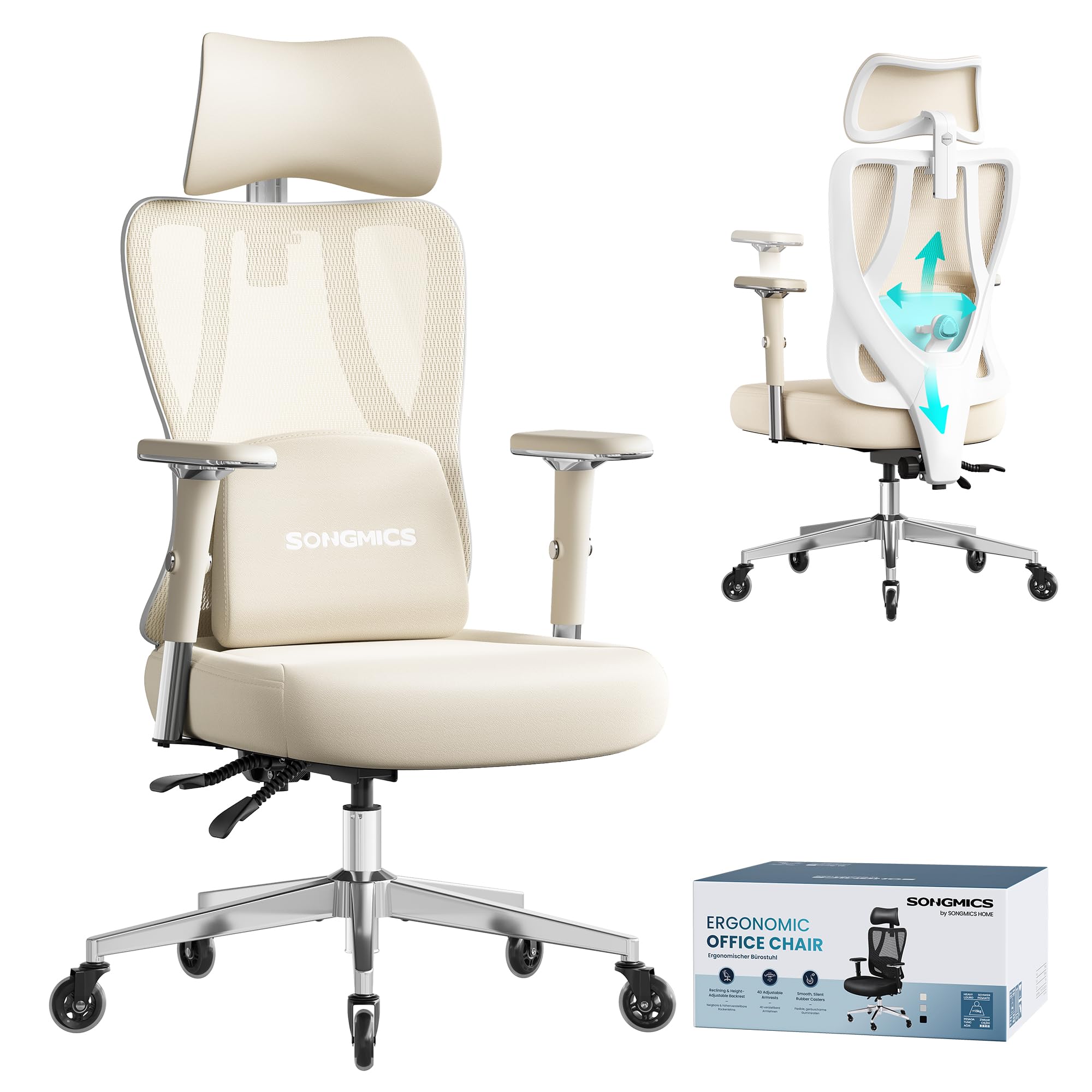 SONGMICS Silla de Oficina Ergonómica, Silla de Escritorio Gaming, Soporte Lumbar y Reposacabezas Ajustables, Reposabrazos, para Distintas Alturas, Carga 150 kg, Marrón Camello y Blanco Nube OBN067LJ01