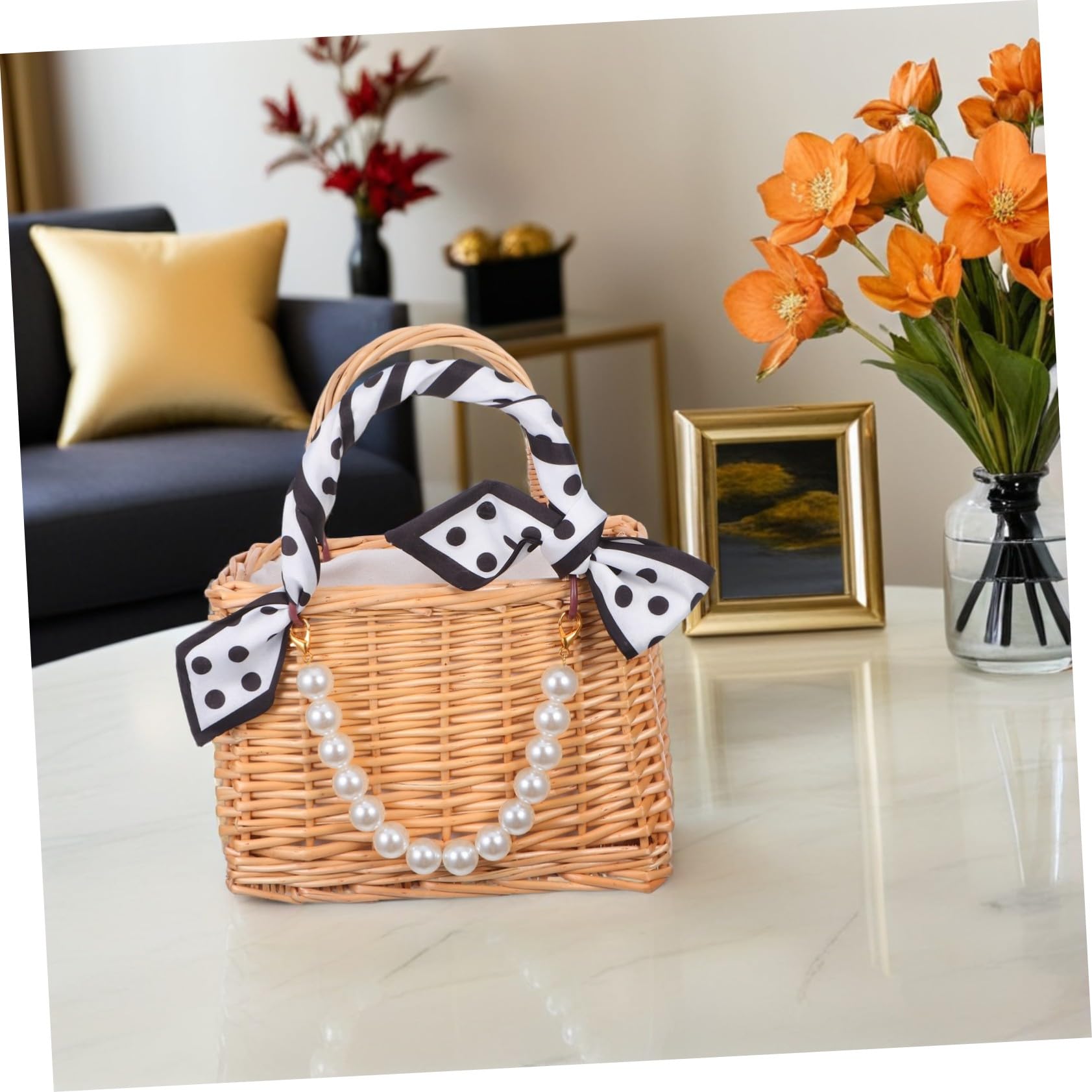 ABOOFAN Rattan Woven Handbag con Asa de Perlas Falsas Bolso Mano Versátil para Bodas Playa y Decoración del Hogar Diseño Abierto para Fácil