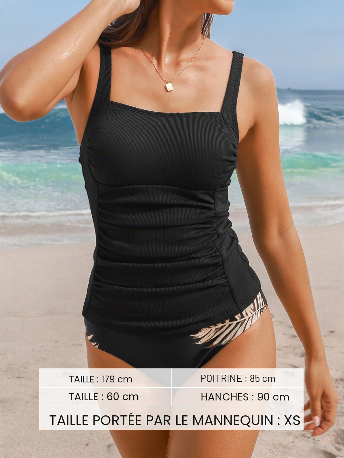 CUPSHE Ensemble tankini deux pièces pour femme - Contrôle du ventre - Col carré - Bretelles réglables - Froncé côtelé