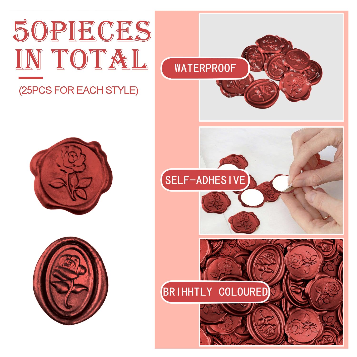50pcs Wax Seal Stickers Self Adhesive, Red Floral Rose Embossed Sealing Stamp Envelope for Wedding,Valentines, Bridal Shower,Party Invitations,Custom Gift,Scrapbook (Diameter 3cm, Red Rose)