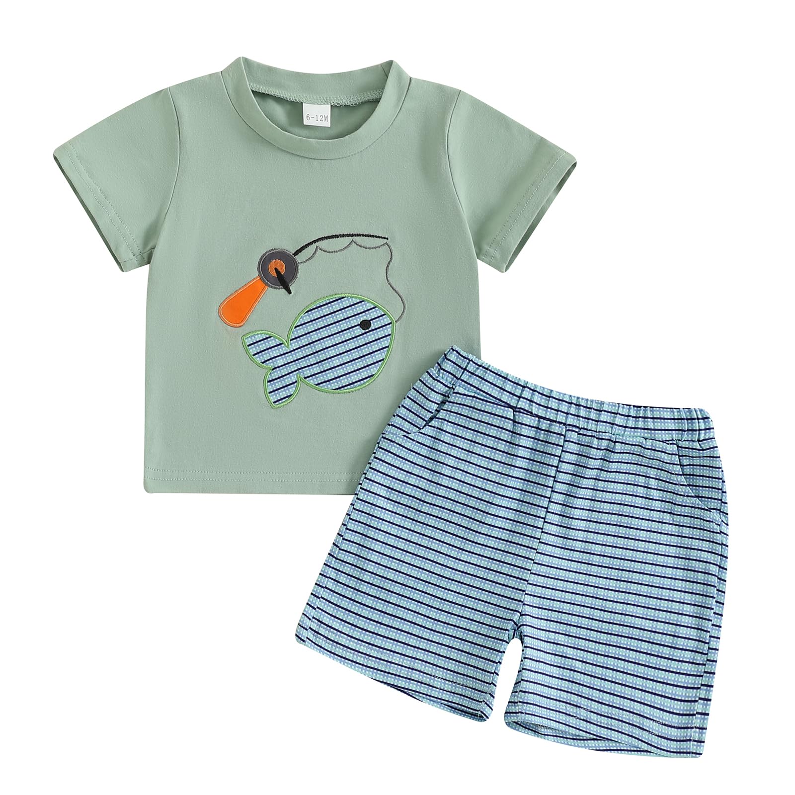 Toddler Baby Boy Fishing Outfit Fish Embroidery Short Sleeve Fishing T Shirt Plaid Shorts Set Infant Summer Clothes (Green, 18-24 Months)