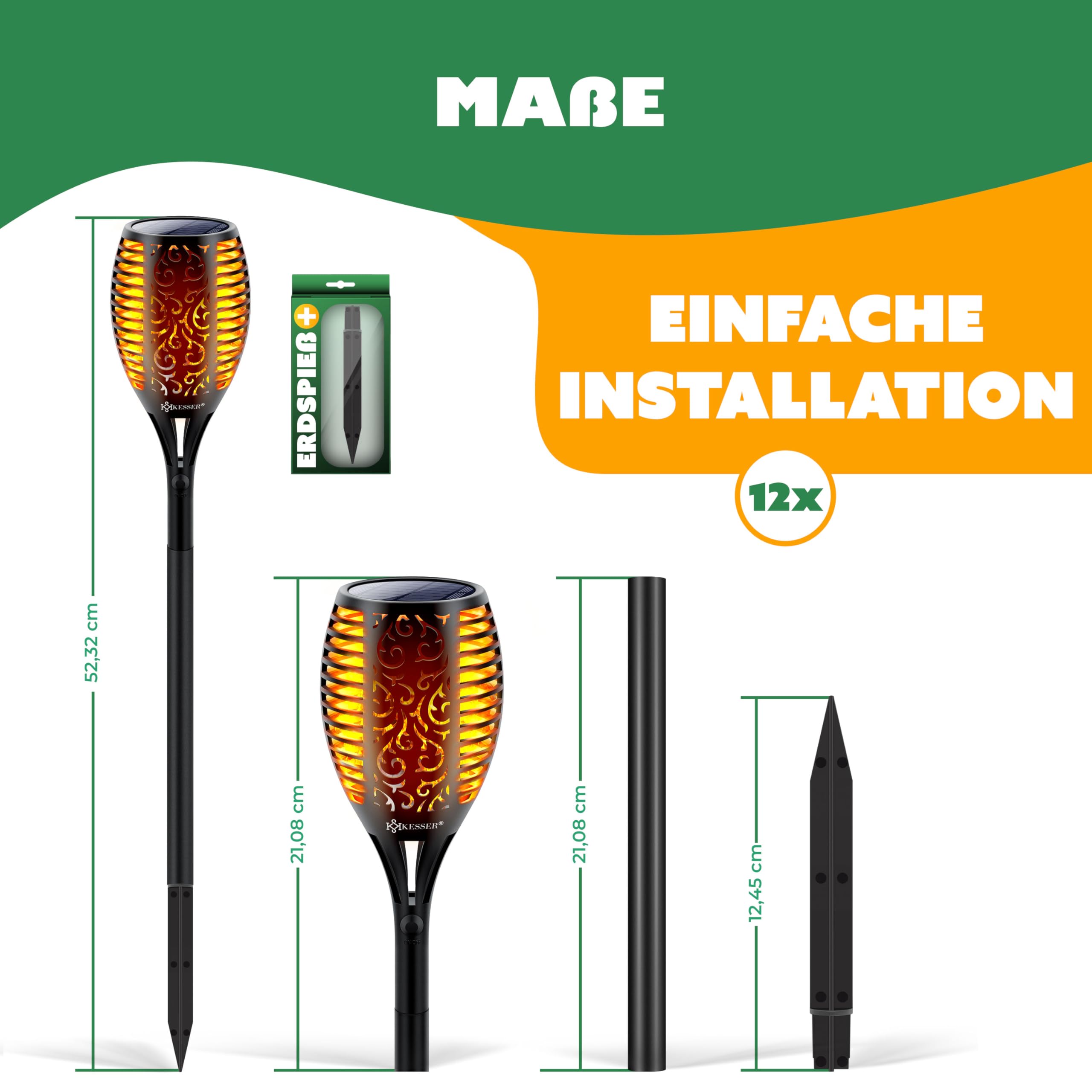 KESSER® Gartenfackel Solar 12er Set Solarleuchten 12 LEDs Flamme mit Wandhalterung + Erdspieß Licht-Sensor Wetterfest Garten Solarleuchte Fackel Lichter LED Gartenlampe Solarlampe Flammenlicht