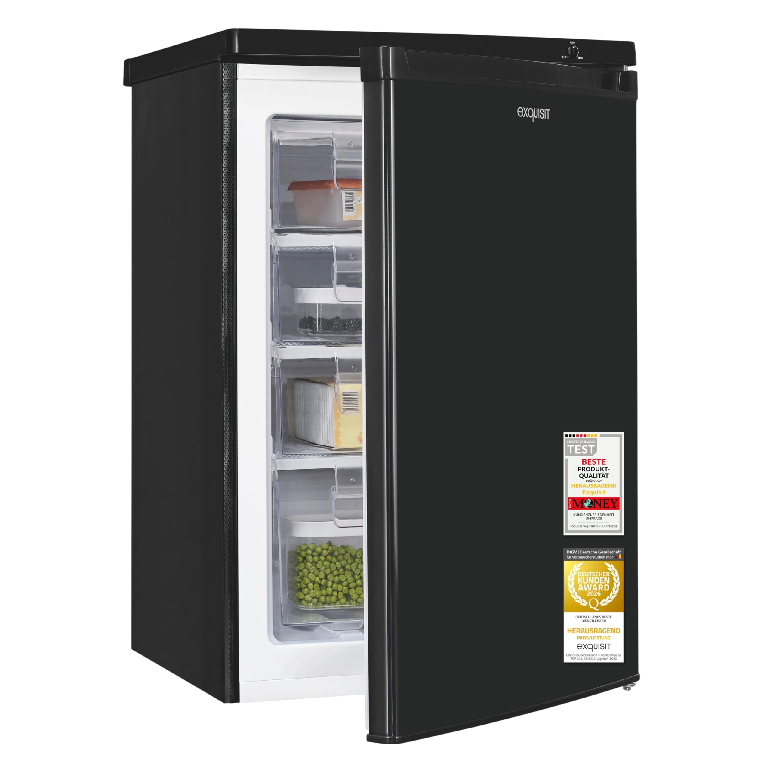 Exquisit Congélateur | Capacité utile de 91 l, classe énergétique E, bruit de 40 dB | Compartiment 4 étoiles, réglage manuel de la température, butée de porte interchangeable, 4 tiroirs | GS512-040E
