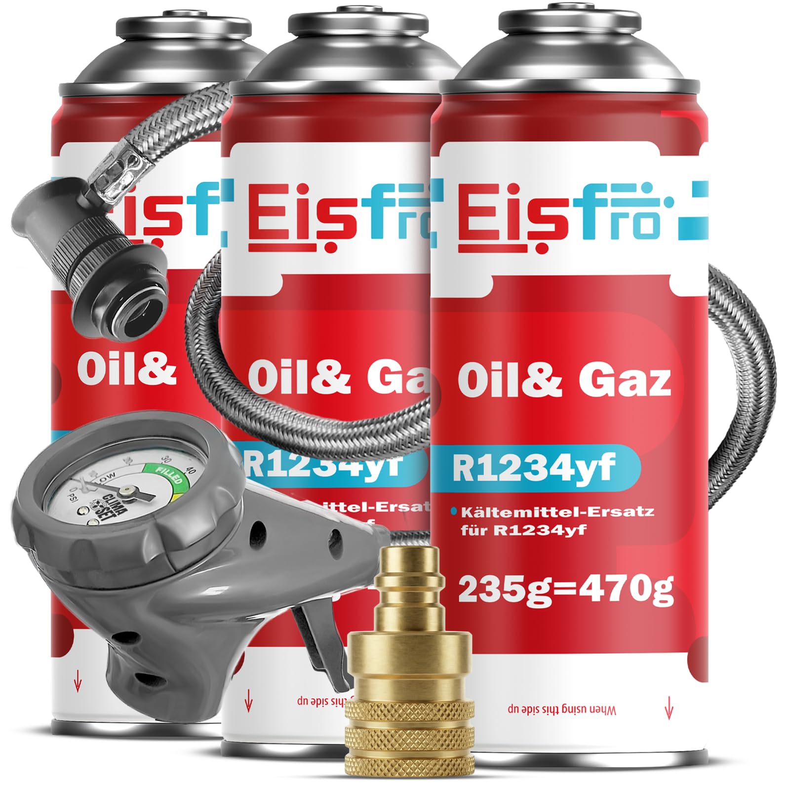 Fluide Réfrigérant R1234yf Gaz avec Huile, Tuyau et Adaptateur YF – Recharge Climatisation Automobile – 3X 235 g – ECO