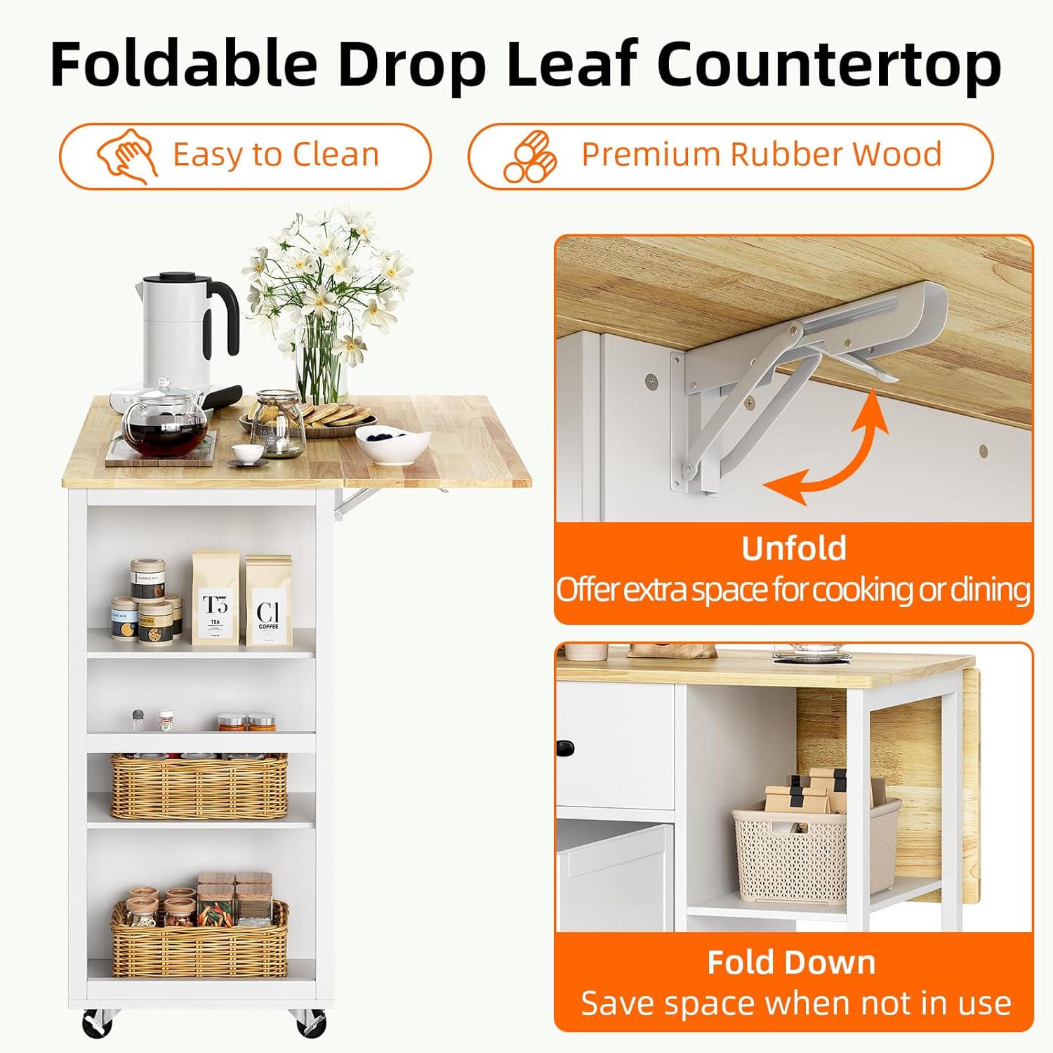 IDEALHOUSE Rolling Kitchen Island Cart with Drop Leaf, Kitchen Storage Cabinet On Wheels with 2 Drawers, 3 Open Spice Racks and Towel Rack,White