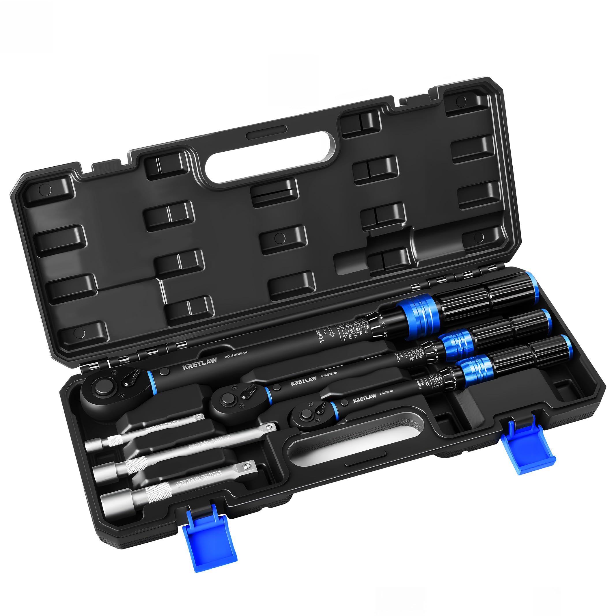 KRETLAW Kit de clés dynamométriques 1/2", 3/8" & 1/4", 6 pièces, 20-220Nm, ±3% précision, cliquet 72 dents