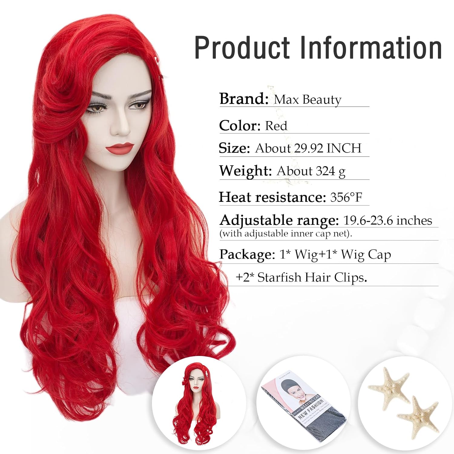 LABEAUTÉ Red Mermaid Wigs with Starfish Hairpin, Curly Long Daily Wig Hair Heat Resistant Synthetic Fiber for Halloween for Cosplay for Christmas