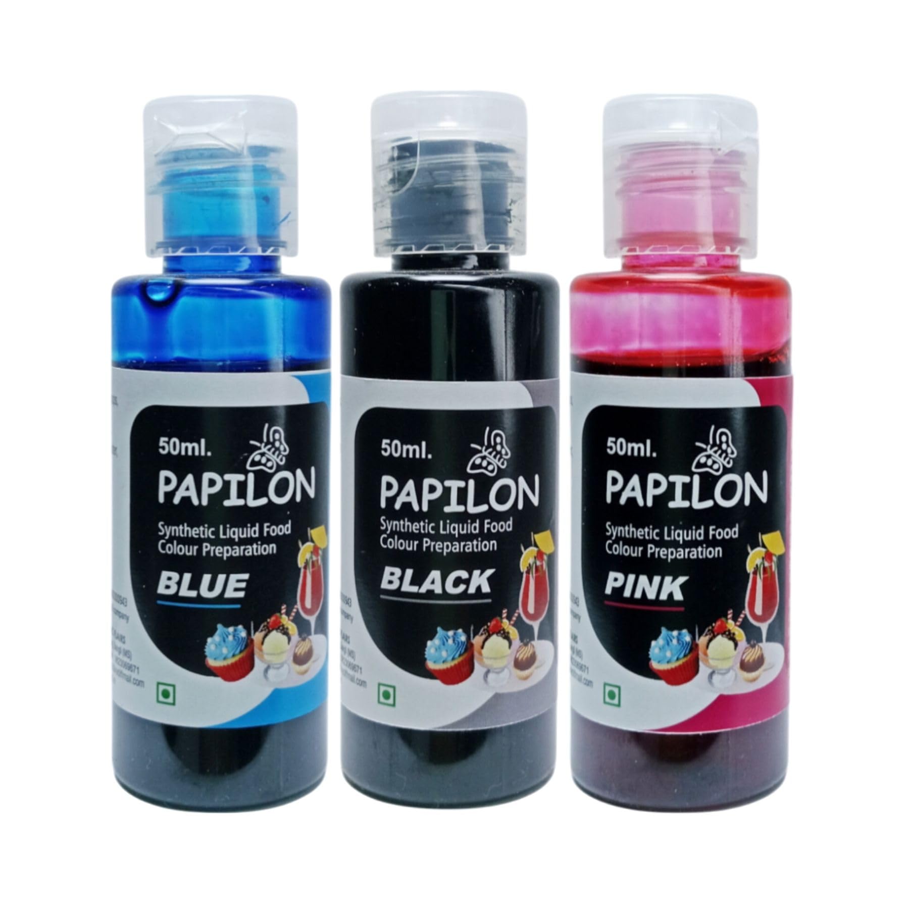 Papilon Liquid Food Colour Pack of 3 (50ml Each)-Pink, Blue, Black For Cake| Icecream| Sweets| Chocolates| Baking| Cooking 1