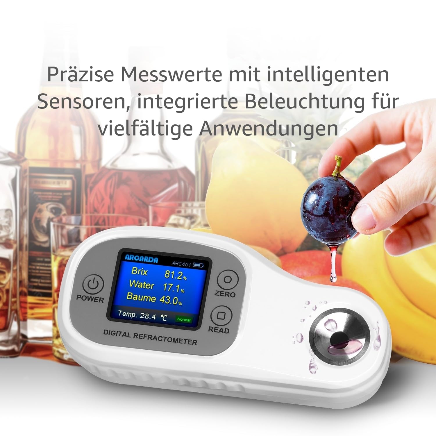 Digitales Refraktometer Brix Refraktometer Zuckergehalt Messgerät Refraktometer Zucker Tester für Früchte Laborrefraktometer ATC Brix 0–95%, Brechungsindex Eiscreme Konfitüre Marmelade
