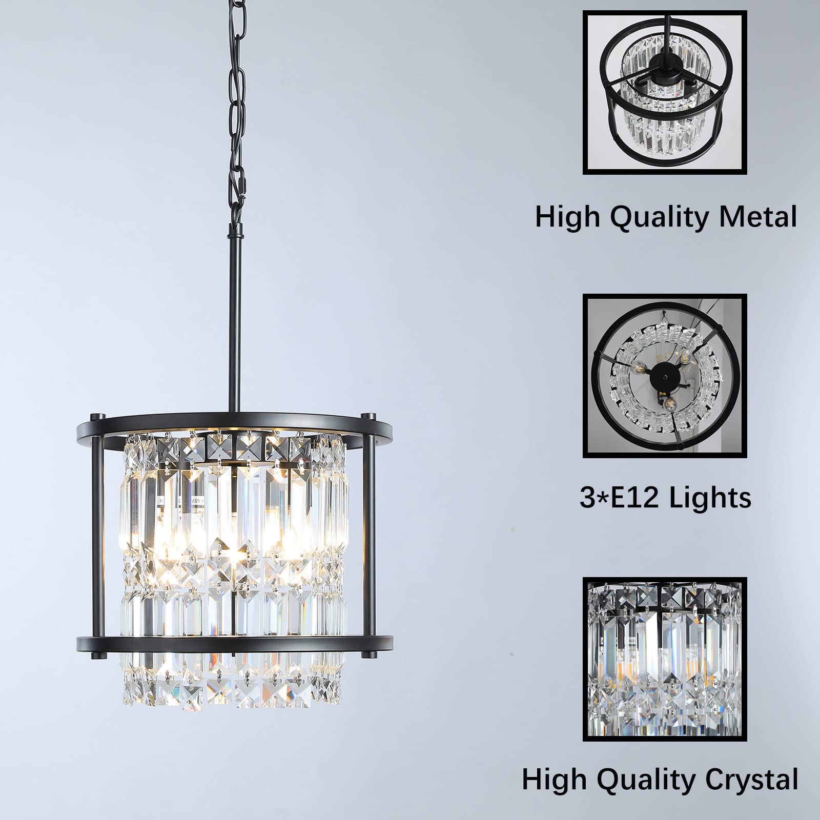 YEPOLI Plug in Chandelier, 3-Lights Industrial Farmhouse Chandelier, 16.4 Ft Cord On/Off Switch, Black Metal Crystal Pendant Light for Hallway Entryway Bedroom Balcony Kitchen Island