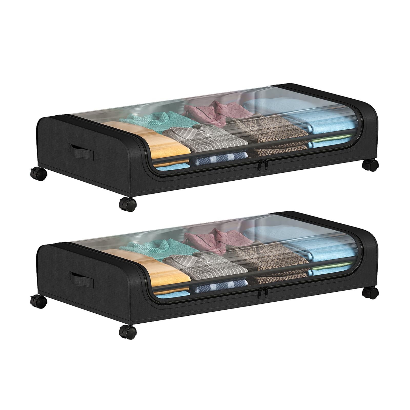 Contenitore sottoletto con ruote, 2 pezzi 80x44x18cm, con finestra trasparente, contenitore sottoletto pieghevole per vestiti, scarpe, coperte, biancheria da letto, Nero