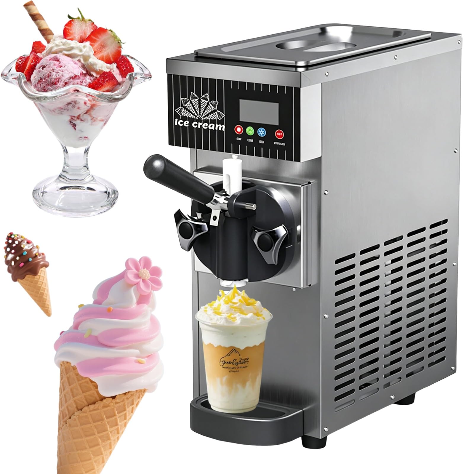 Komercyjna maszyna do lodów Soft Serve - panel LCD, automatyczne czyszczenie, chłodzenie wstępne, ekspres do lodów na blacie dla restauracji i sklepów z deserami