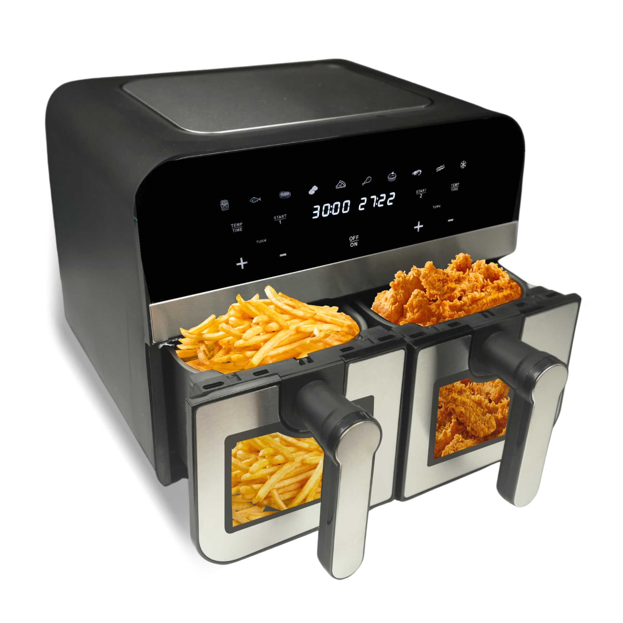 Comfy Nest,CNAFD45WS, varmluftsfritös, Air Fryer, digital dubbelkorg 2400W med fönster 9L, hälsosam och snabb matlagning, modern design, perfekt för alla kök - Grå