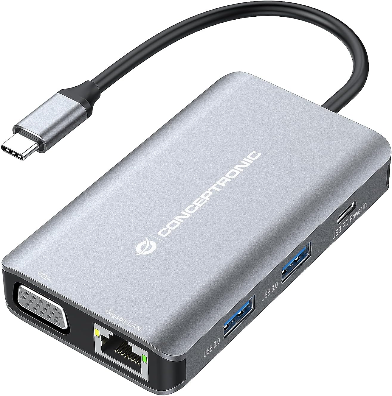 ConceptronicDONN21G 7-in-1 USB 3.2 Gen 1 Docking Station, HDMI, VGA, Gigabit Ethernet LAN, USB-A 3.0 x 3, 100W USB PD