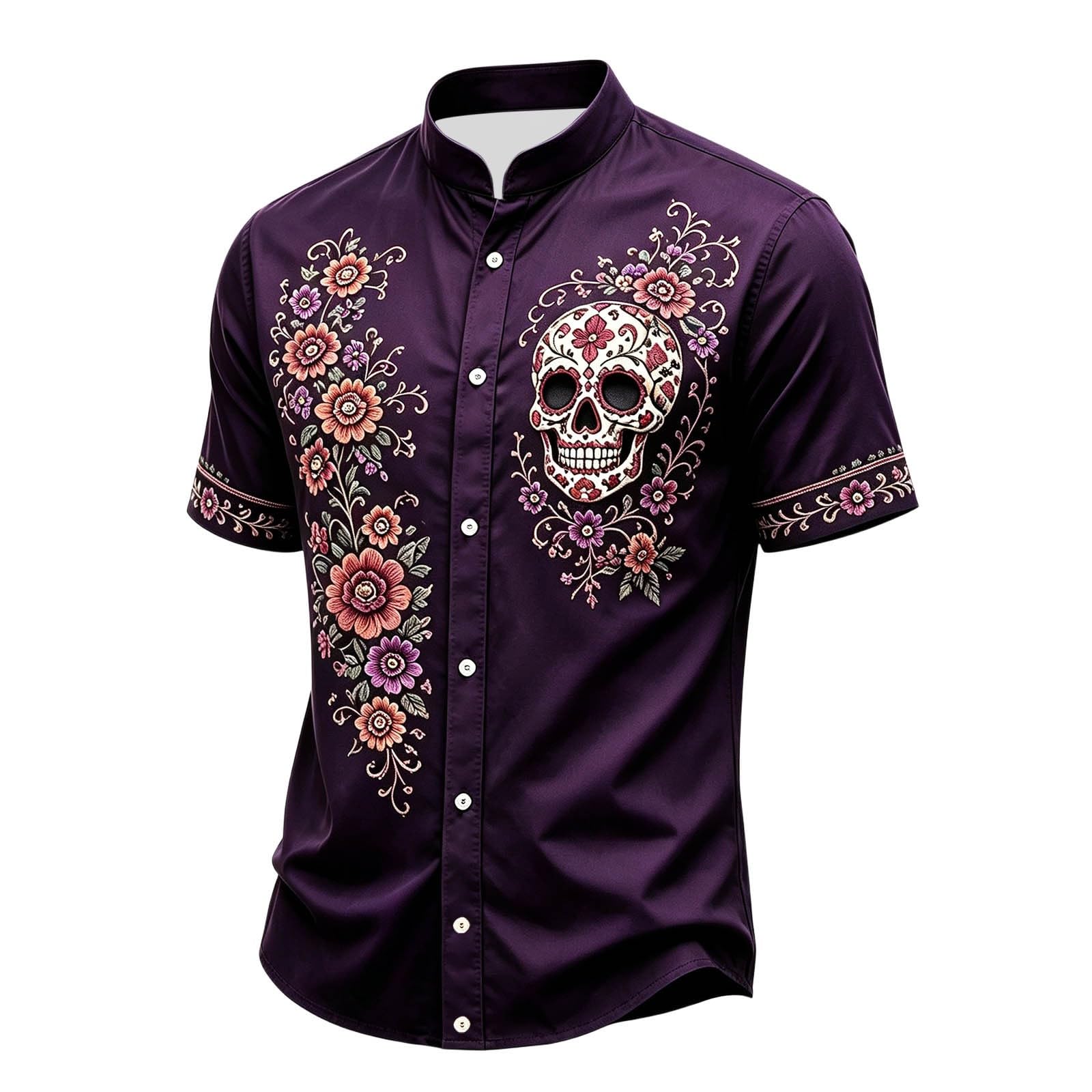 Halloween Shirt Men,Skull Shirt Mens Short-Sleeve Day of The Dead Floral Skull Goth Casual with Button-Down Fit Spooky Party Wear Funny Graphic Vintage Style Casual Outfits — image 1