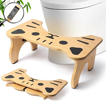 Bamboo Toilet Stool Foldable, 7 in Poop Stool for Bathroom, Portable Squatting Potty Stool for Adults & Kids, Non-Slip Toilet Foot Pooping Steps, No Assembly Required