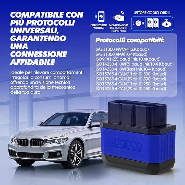 Sparco Dispositivo di diagnosi per auto multimarca OBD2 Scanner Bluetooth 5.2 per iOS e Android Lettore di codici di errore DTC Cancellazione dei guasti del motore Monitoraggio in tempo reale - 5