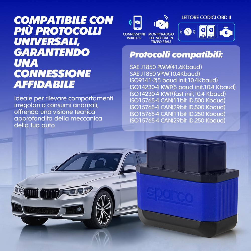 Sparco Dispositivo di diagnosi per auto multimarca OBD2 Scanner Bluetooth 5.2 per iOS e Android Lettore di codici di errore DTC Cancellazione dei guasti del motore Monitoraggio in tempo reale