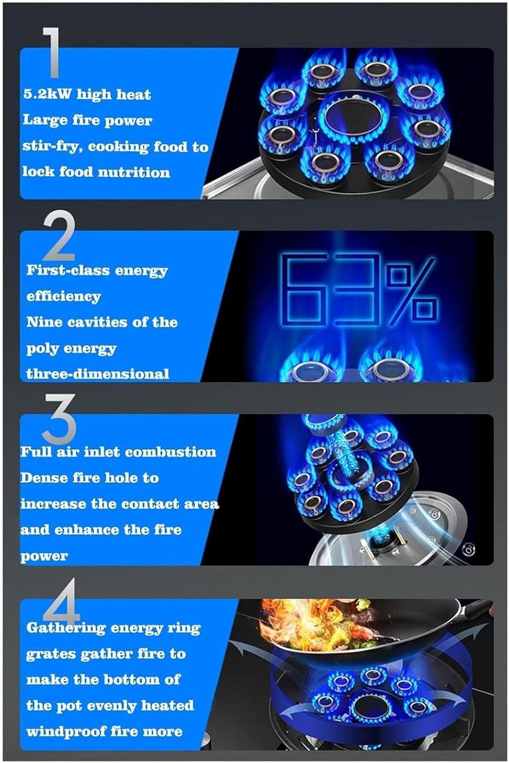 1 Burner Gas Stove Cooker - 5.2KW 9-cavity Fire Ring Frying Pan, Tempered Glass Household Windproof Camping Stove, with Flameout Protection Device(LPG)
