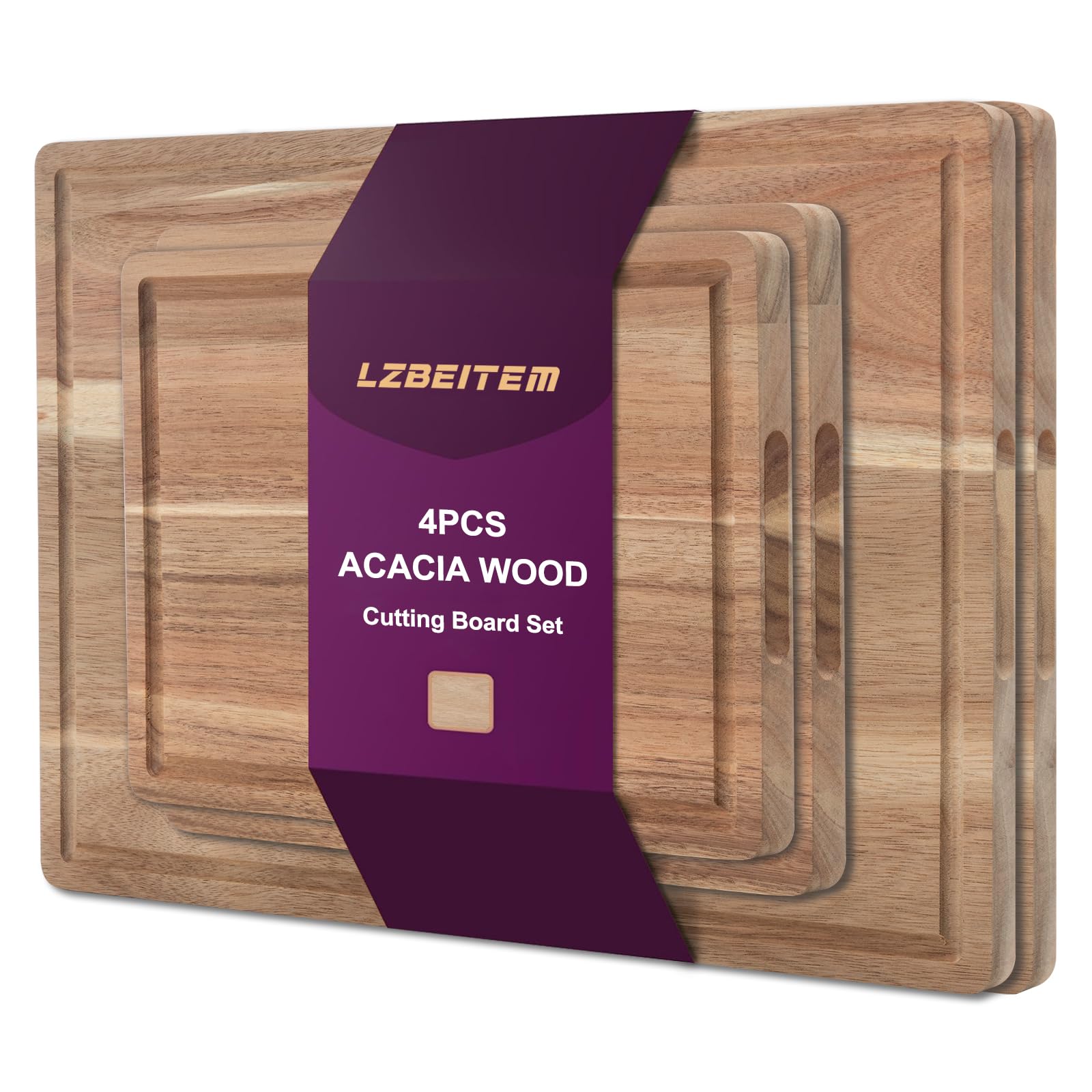 Set di 4 taglieri in legno di acacia, con scanalature per succhi e manici integrati, tagliere per carne, verdure, impugnatura facile