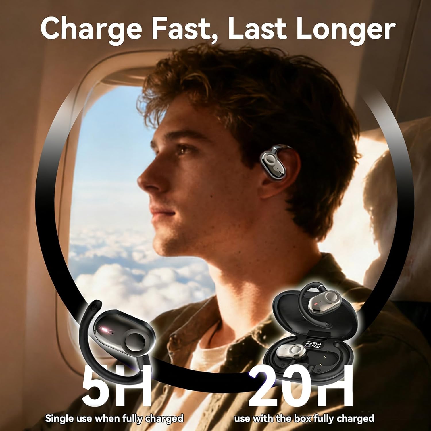 Over Open Ear Earbuds Headphones Bluetooth Wireless Outside Out of Ear Buds Hook for Runners Wrap Around Ears Air Bone Conduction Headsets Workout Sports Eabuds Earphones with Earhooks Black