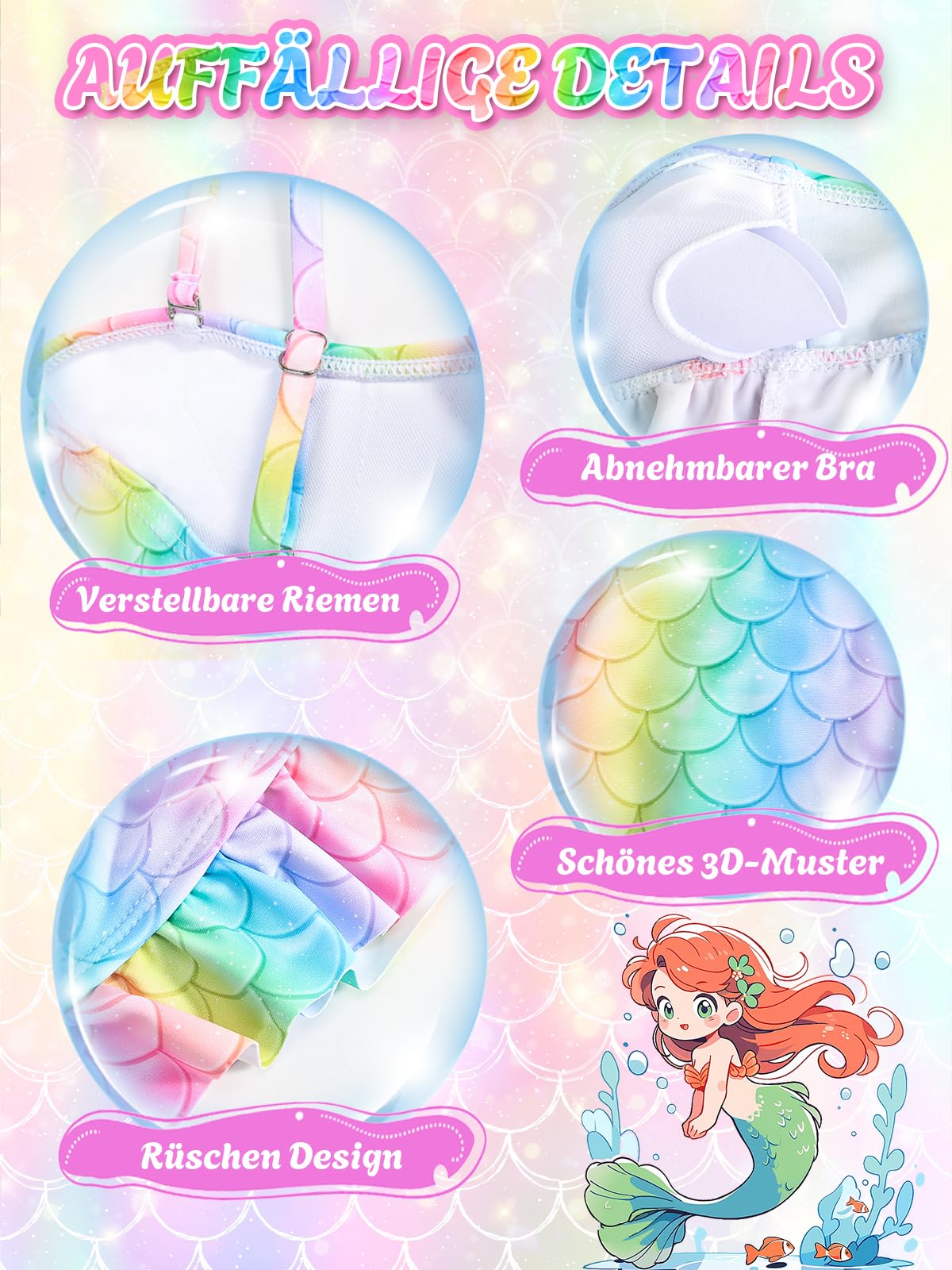 Maillot de Bain Fille 3 pièces Bikini Adolescente Bretelles réglables Maillots de Bain sirène Enfants 4-12 Ans