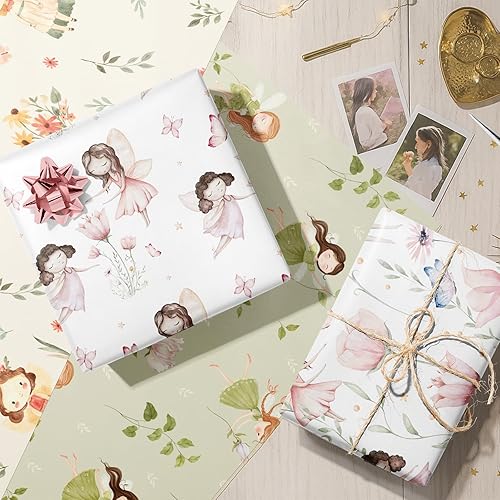 Miniatura 4 de TAKEALOOKO Papel de regalo de hadas de cuento de hadas  12 piezas de papel de regalo de fantasía de niñas del bosque para cumpleaños y baby shower,