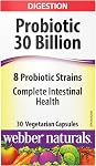 Webber Naturals Probiotic 30 Billion Active CFUs Per Capsule, 8 Probiotic Strains, 30 Capsules, For Digestive Health