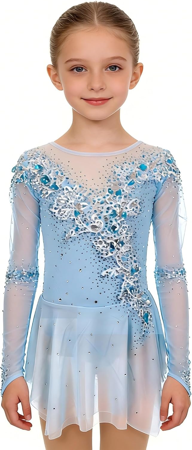 Girls' Light Blue Figure Skating Dress with 3D Floral Appliques, Long Sleeve Sheer Mesh Competition Costume