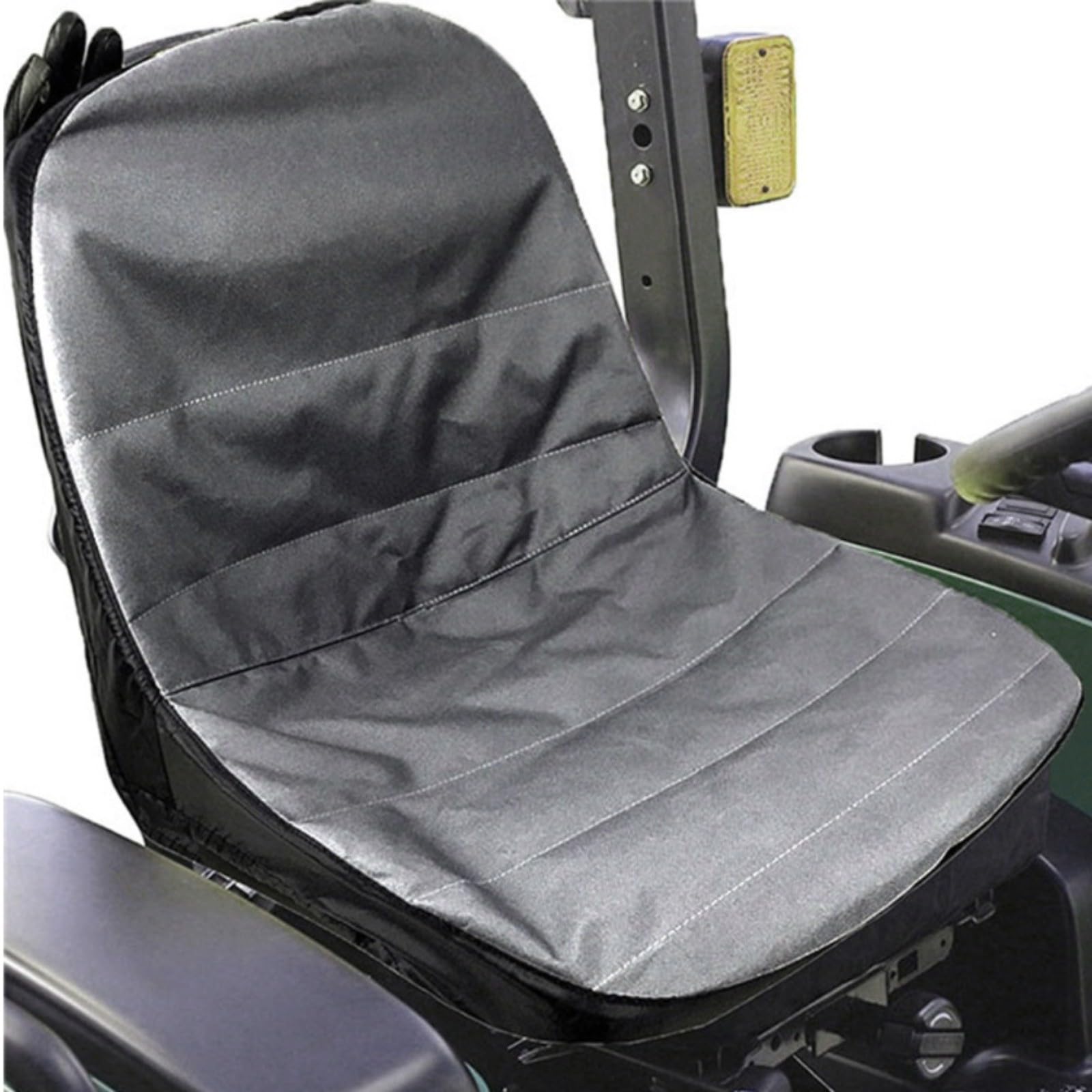 Coprisedile per trattore in tessuto Oxford 600D con scomparti per bevande e tasca posteriore, universale, adatto per tosaerba con schienale 32-36 cm, facile da installare, nero/grigio
